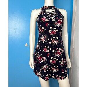 No Comment NY•LA Women’s S Black Floral Halter Mini Dress Sleeveless Cutout Lace
